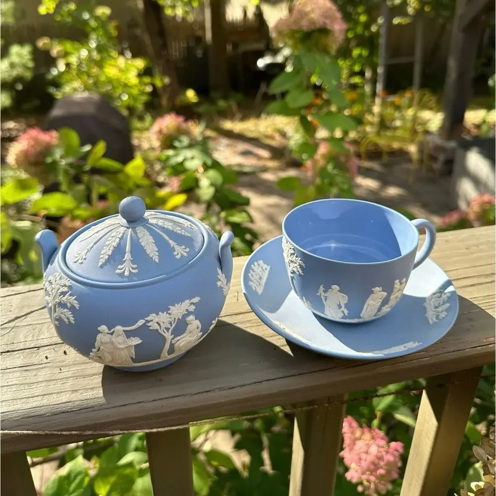 Wedgwood Jasperware tea set-teacup, saucer, sugar bowl England 1957 blue white